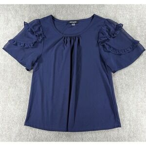 Cable & Gauge Navy Blue Ruffle‎ Sleeve Blouse Women's Small Short Sleeve Top
